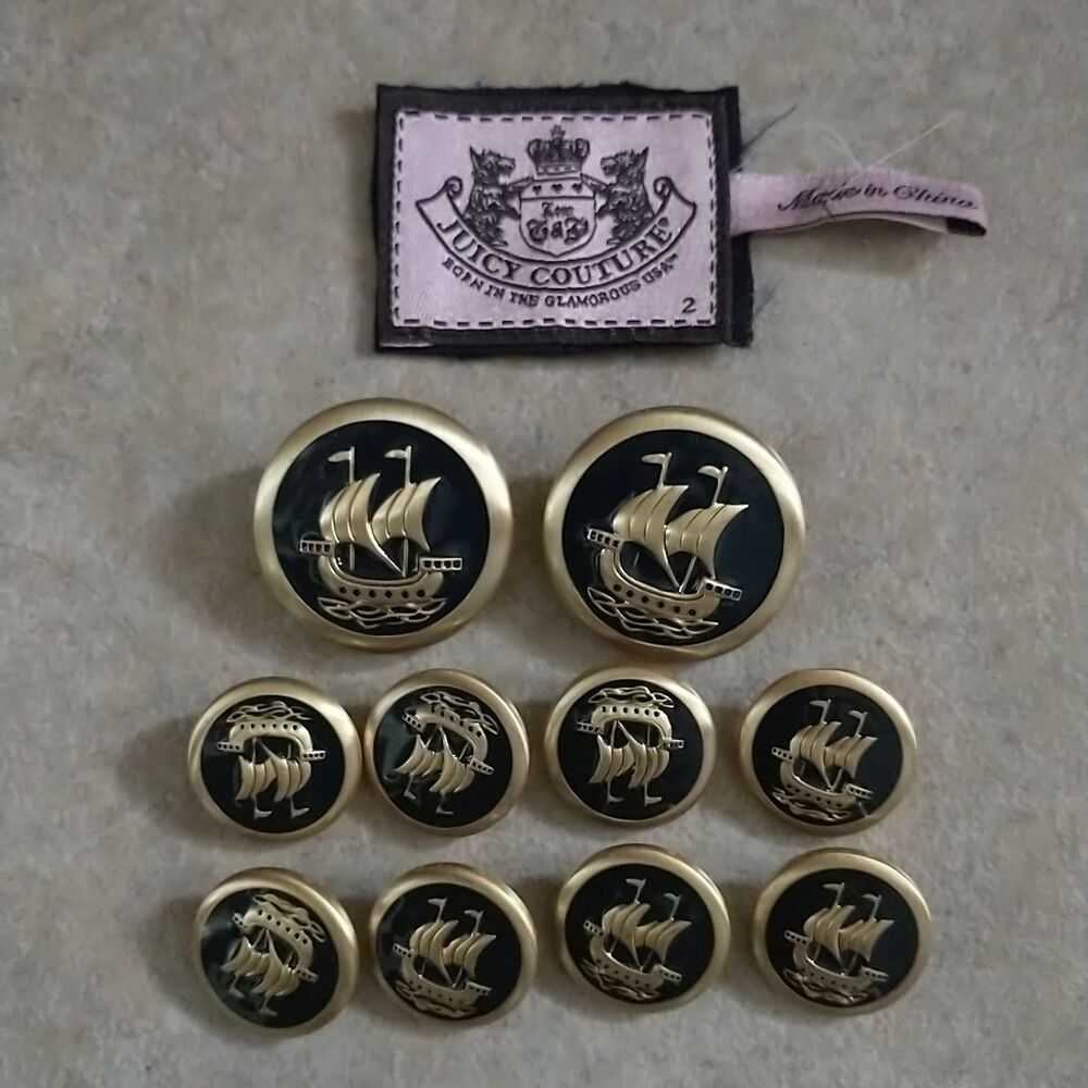 Juicy Couture Replacement Buttons Shanks Gold Tone Black Boat Round 10x Set
